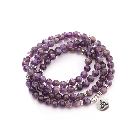 Natural 108 Bead Amethyst Bracelet with Lotus Pendant