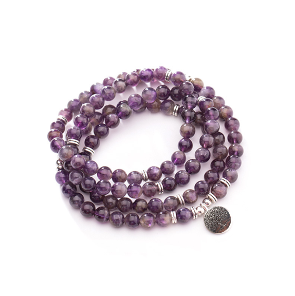 Natural 108 Bead Amethyst Bracelet with Lotus Pendant