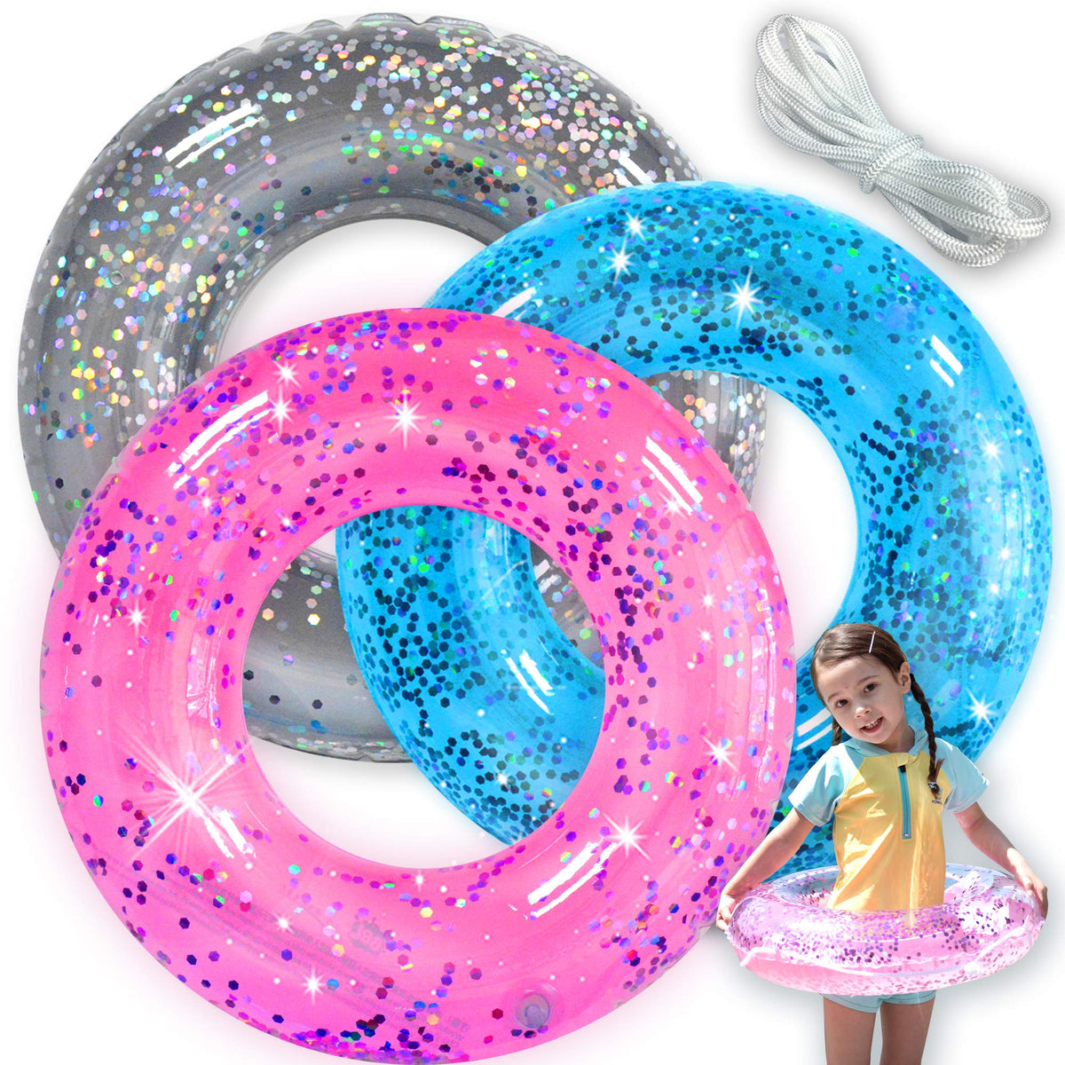 Pool Floats Kids 3 Pack Inflatable Swim Rings for Kids Pool Tubes Toys Pool Floats Ring Toys Summer Beach Swimming Pool Floats Party Supplies + Patch&Tow Rope