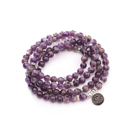Natural 108 Bead Amethyst Bracelet with Lotus Pendant