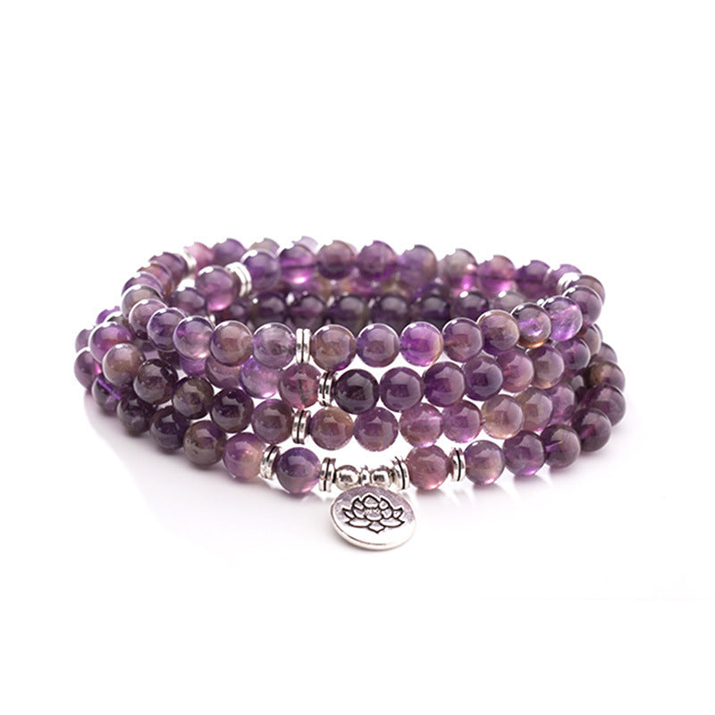 Natural 108 Bead Amethyst Bracelet with Lotus Pendant