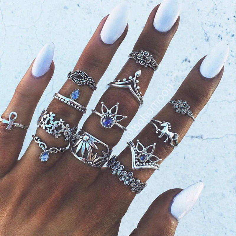Vintage Unicorn Lotus Ring Set with 13 Pieces