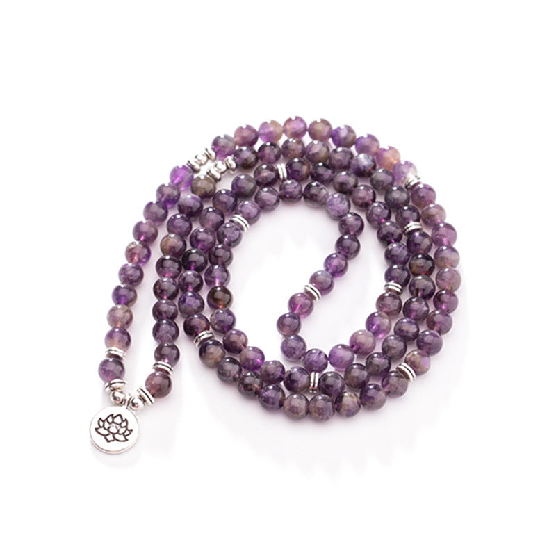 Natural 108 Bead Amethyst Bracelet with Lotus Pendant