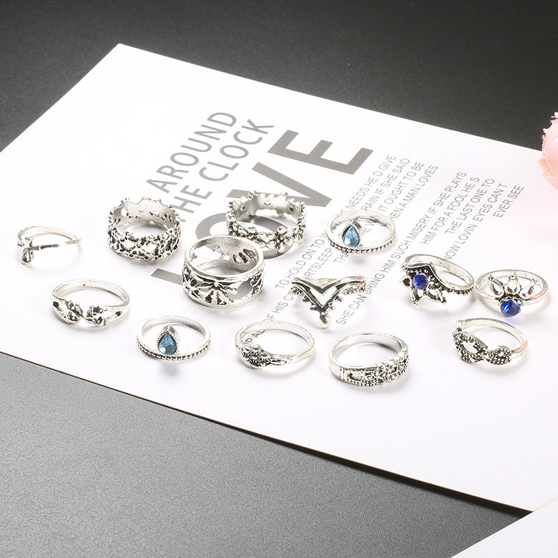 Vintage Unicorn Lotus Ring Set with 13 Pieces