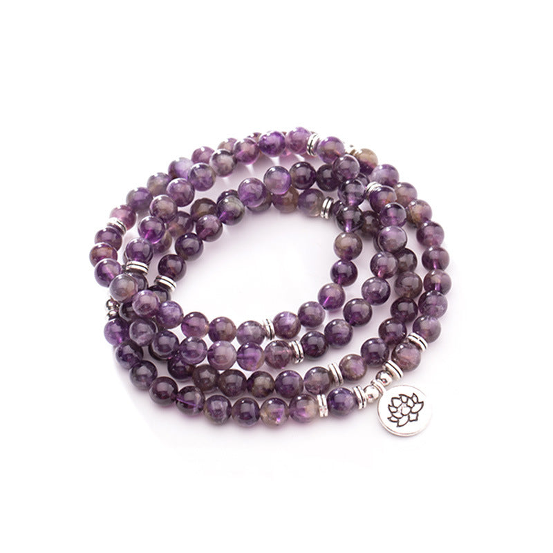 Natural 108 Bead Amethyst Bracelet with Lotus Pendant