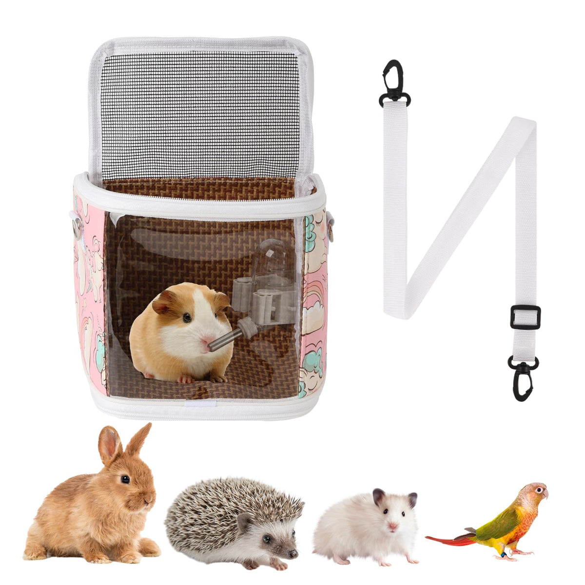 Guinea Pig Carrier Bag with Water Bottle，Travel Portable Small Animal Carrier Sling Pouch Clear Window Carrier Backpack for Hamster Bunny Gerbil Hedgehog Sugar Glider Lizard Bird.(Pink)