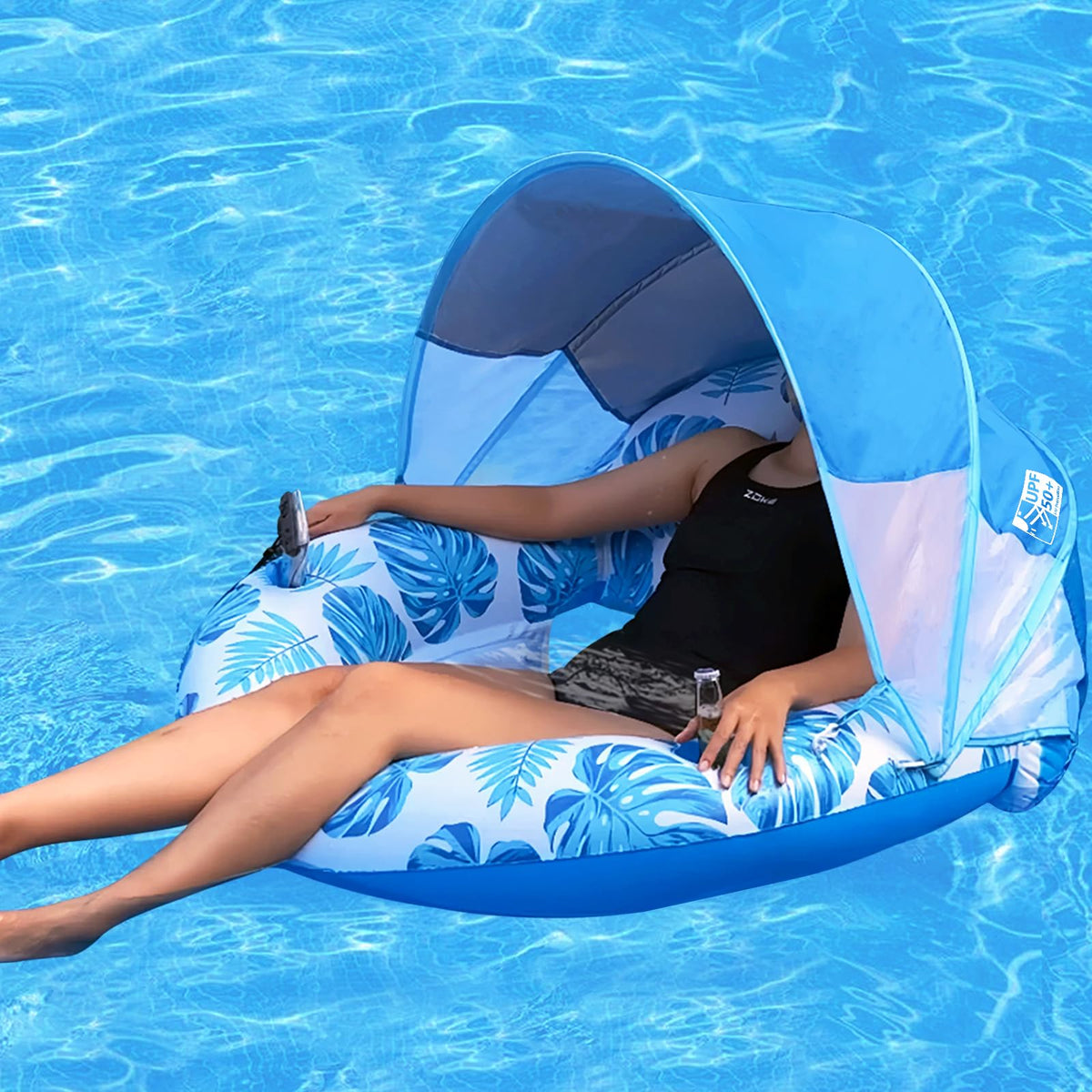 COOLCOOLDEE New Upgraded Pool Chair Float with ShadeXL Pool Floats for Adults Heavy DutyInflatable Pool Chair Lounge Float with Cup Holder & Backrest for PoolLakeBeach